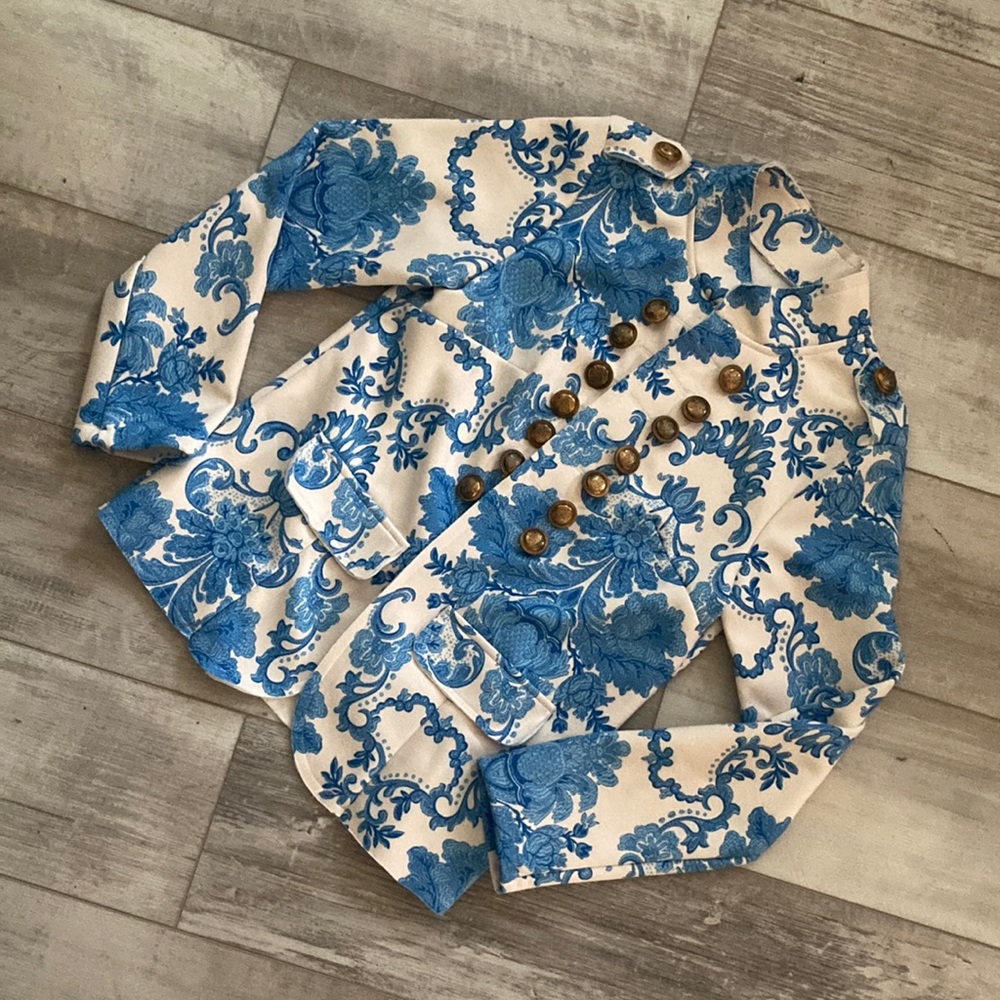 Blue and White Blazer with Large Paisley Pattern and Crown Buttons - handmade?